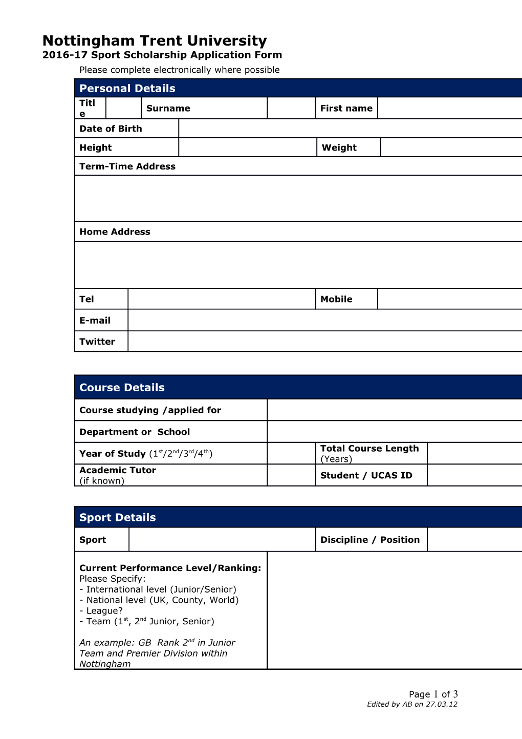 Nottingham Trent University Student Talented Athlete Recognition Scheme (STARS) Application Form