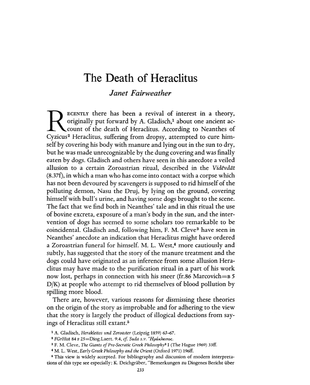 The Death of Heraclitus Fairweather, Janet Greek, Roman and Byzantine Studies; Fall 1973; 14, 3; Proquest Pg