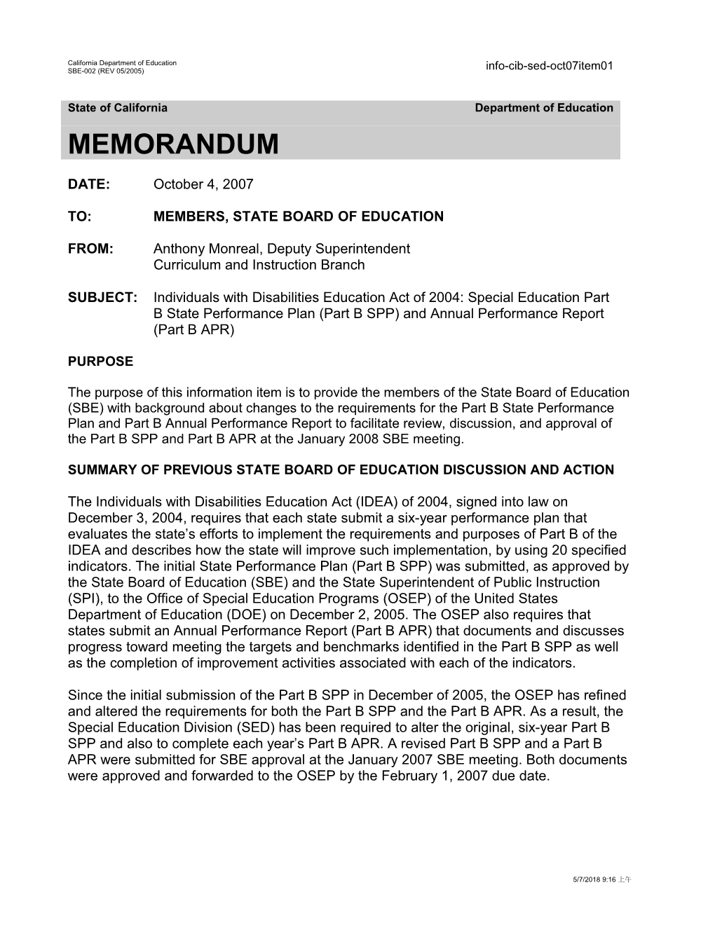 October 2007 SED Item 01 - Information Memorandum (CA State Board of Education)