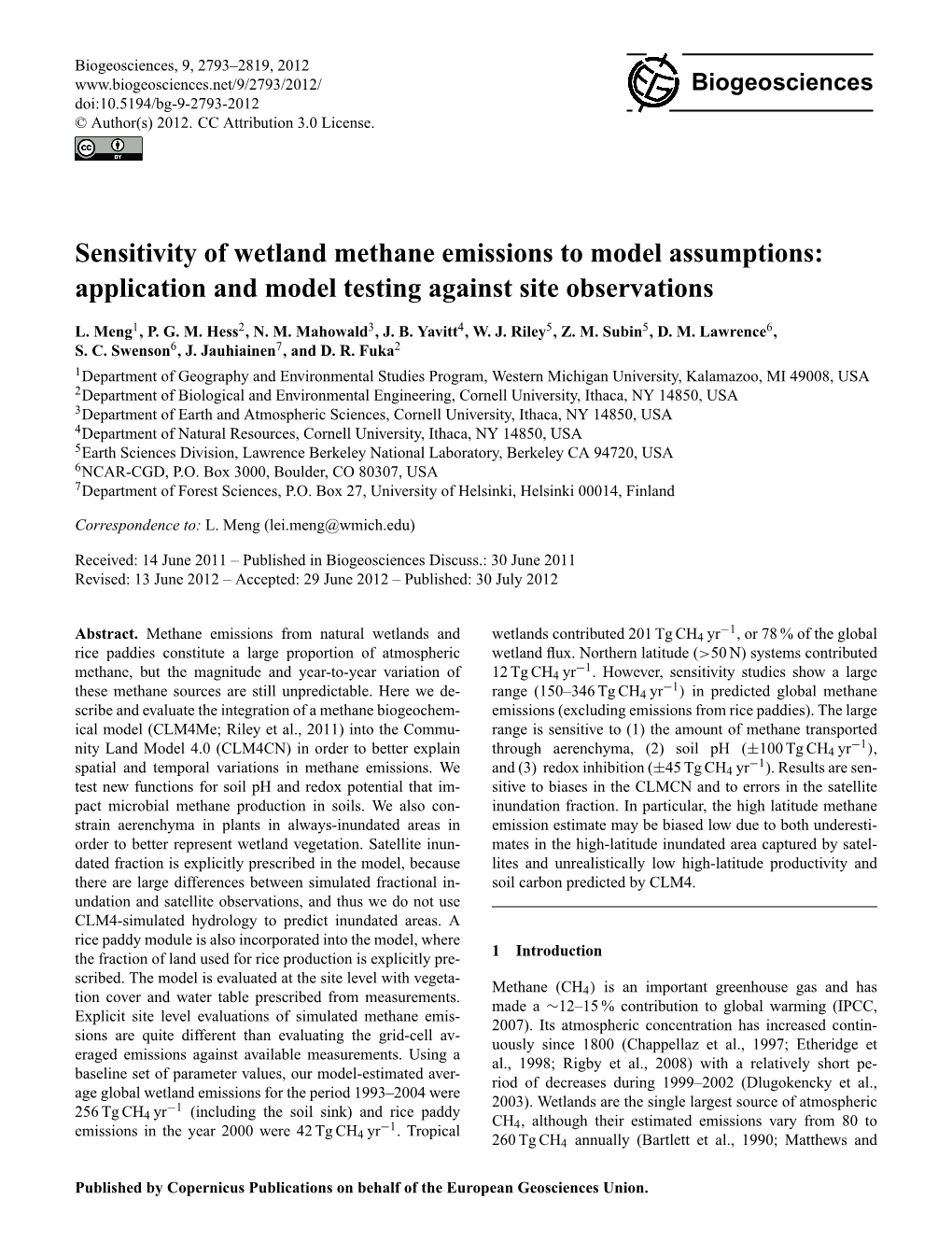 Sensitivity of Wetland Methane Emissions to Model Assumptions: Application and Model Testing Against Site Observations