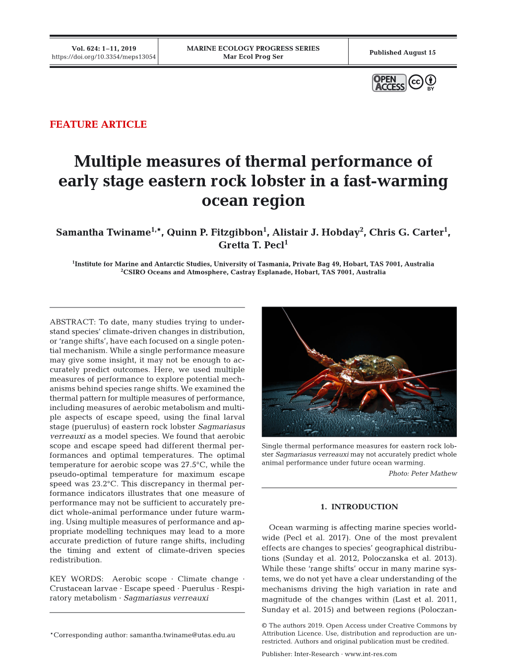 Multiple Measures of Thermal Performance of Early Stage Eastern Rock Lobster in a Fast-Warming Ocean Region