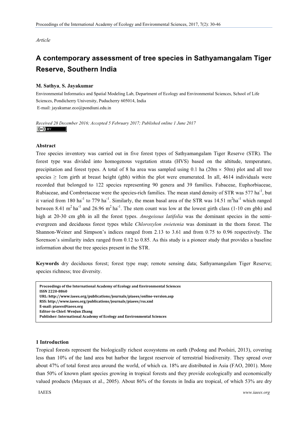 A Contemporary Assessment of Tree Species in Sathyamangalam Tiger Reserve, Southern India