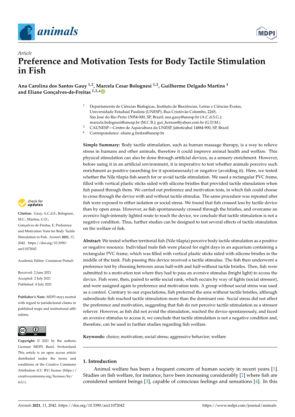 Preference and Motivation Tests for Body Tactile Stimulation in Fish