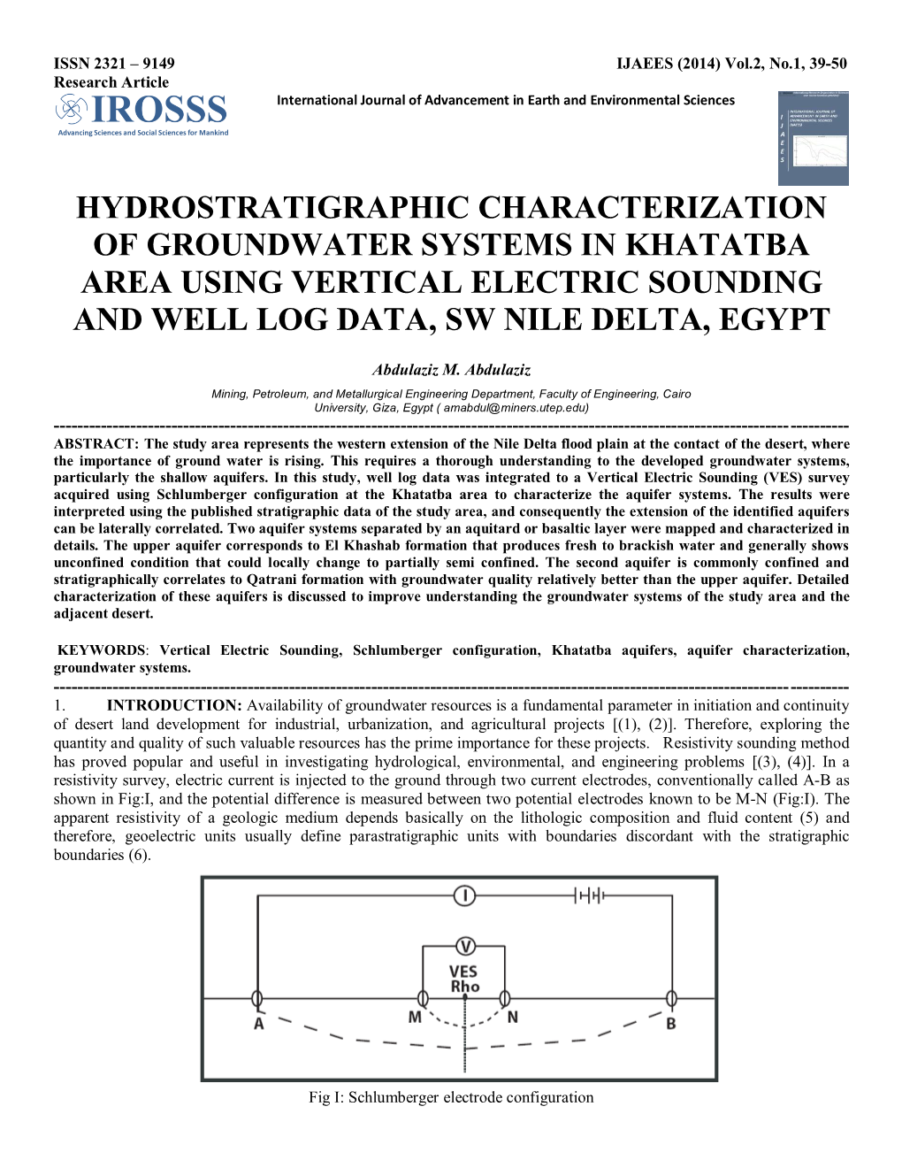 Hydrostratigraphic Characterization of Groundwater Systems in Khatatba Area Using Vertical Electric Sounding and Well Log Data, Sw Nile Delta, Egypt