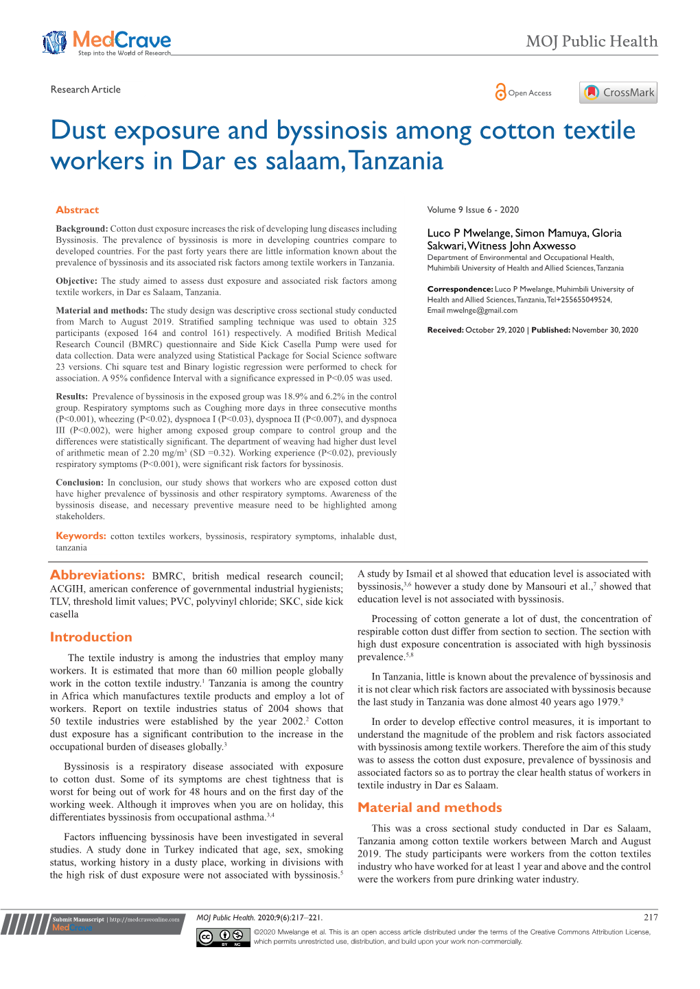 Dust Exposure and Byssinosis Among Cotton Textile Workers in Dar Es Salaam, Tanzania