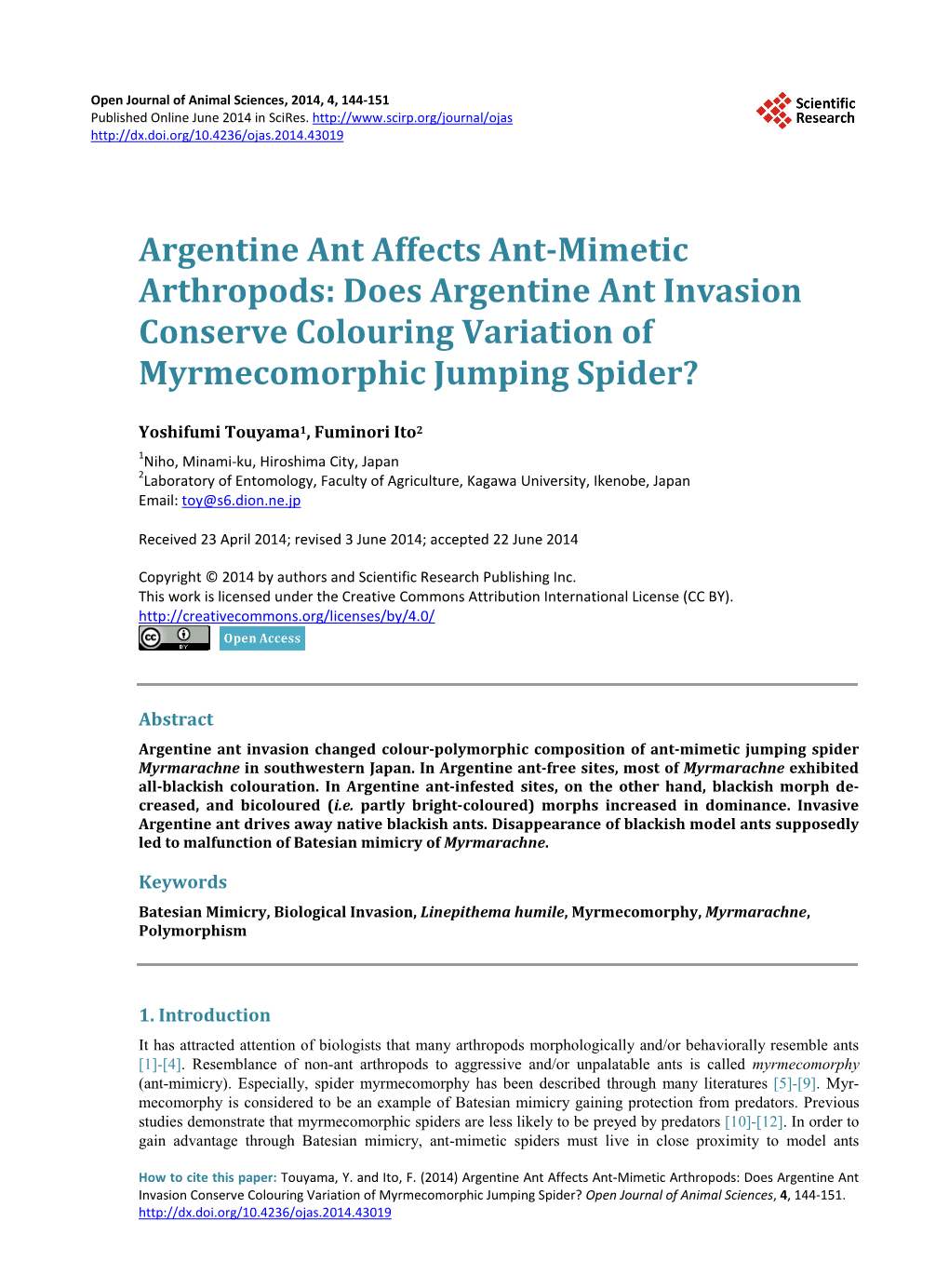 Does Argentine Ant Invasion Conserve Colouring Variation of Myrmecomorphic Jumping Spider?