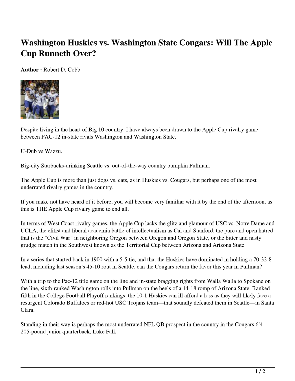 Washington Huskies Vs. Washington State Cougars: Will the Apple Cup Runneth Over?