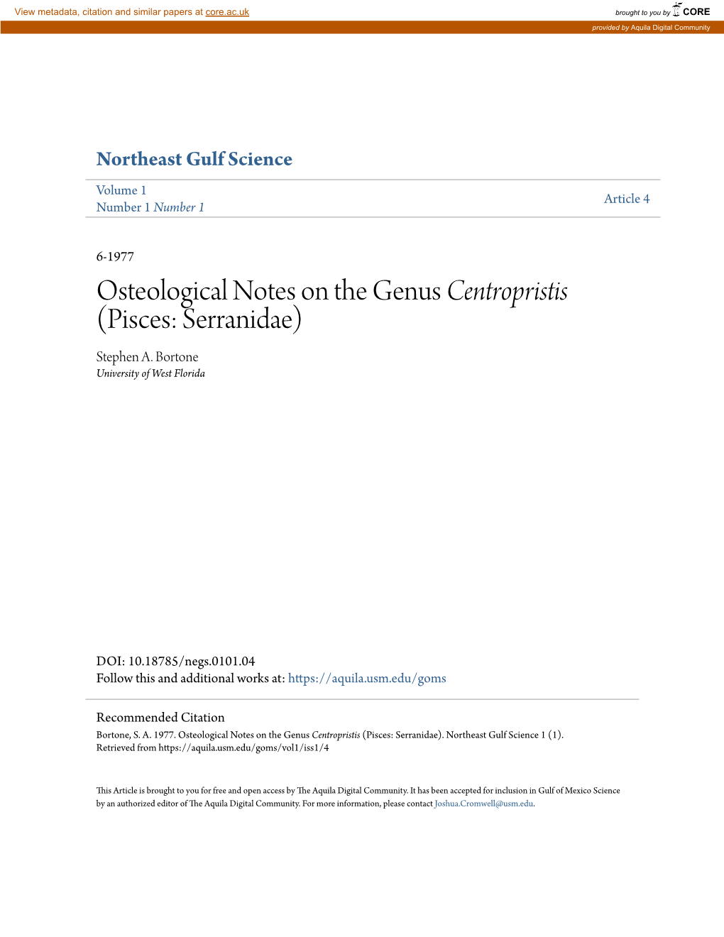Osteological Notes on the Genus Centropristis (Pisces: Serranidae) Stephen A