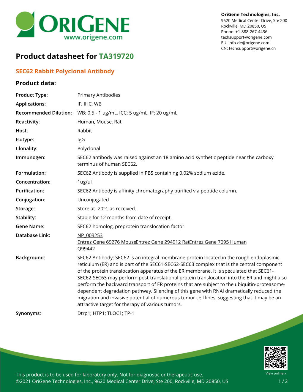 SEC62 Rabbit Polyclonal Antibody – TA319720 | Origene