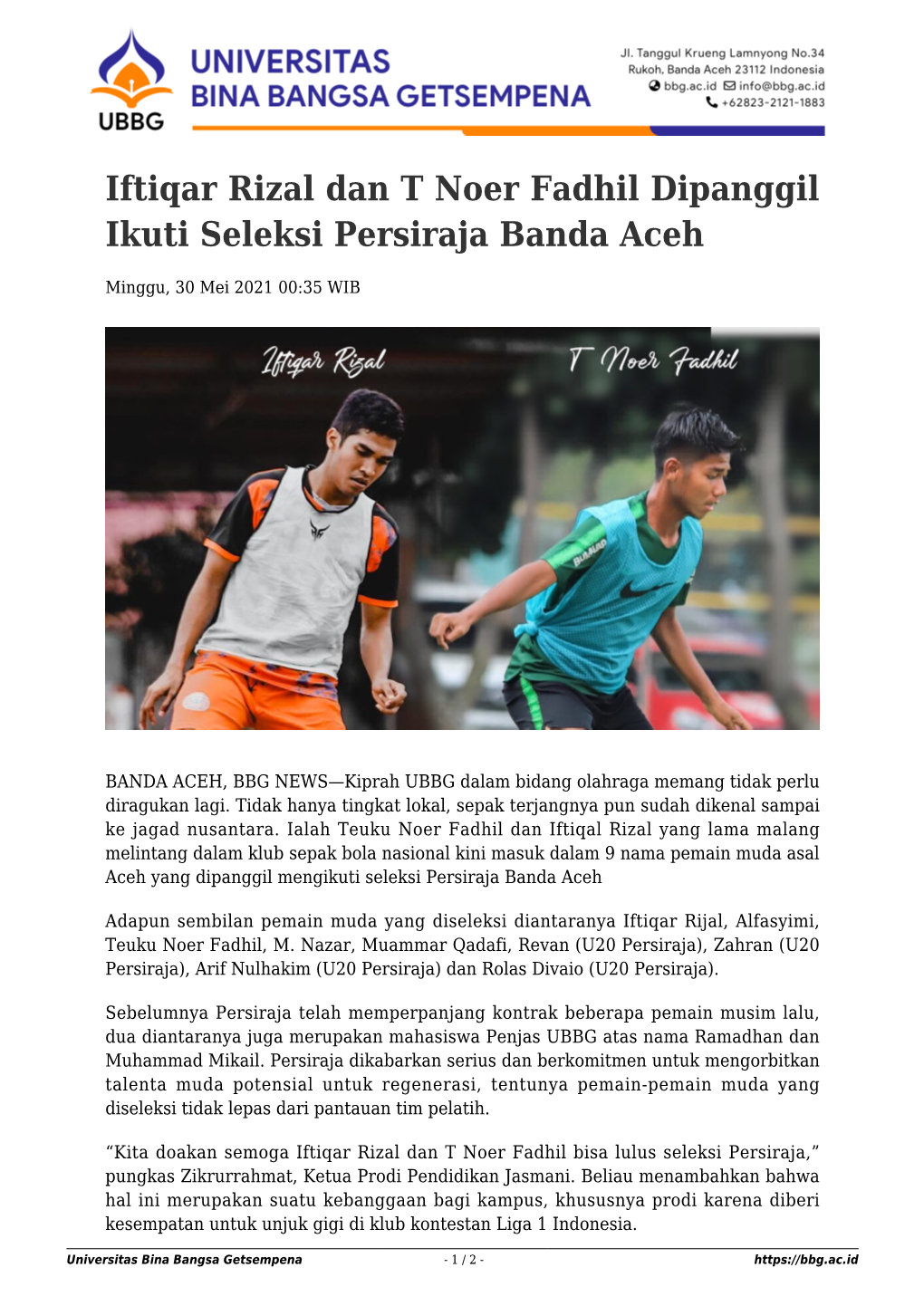 Iftiqar Rizal Dan T Noer Fadhil Dipanggil Ikuti Seleksi Persiraja Banda Aceh