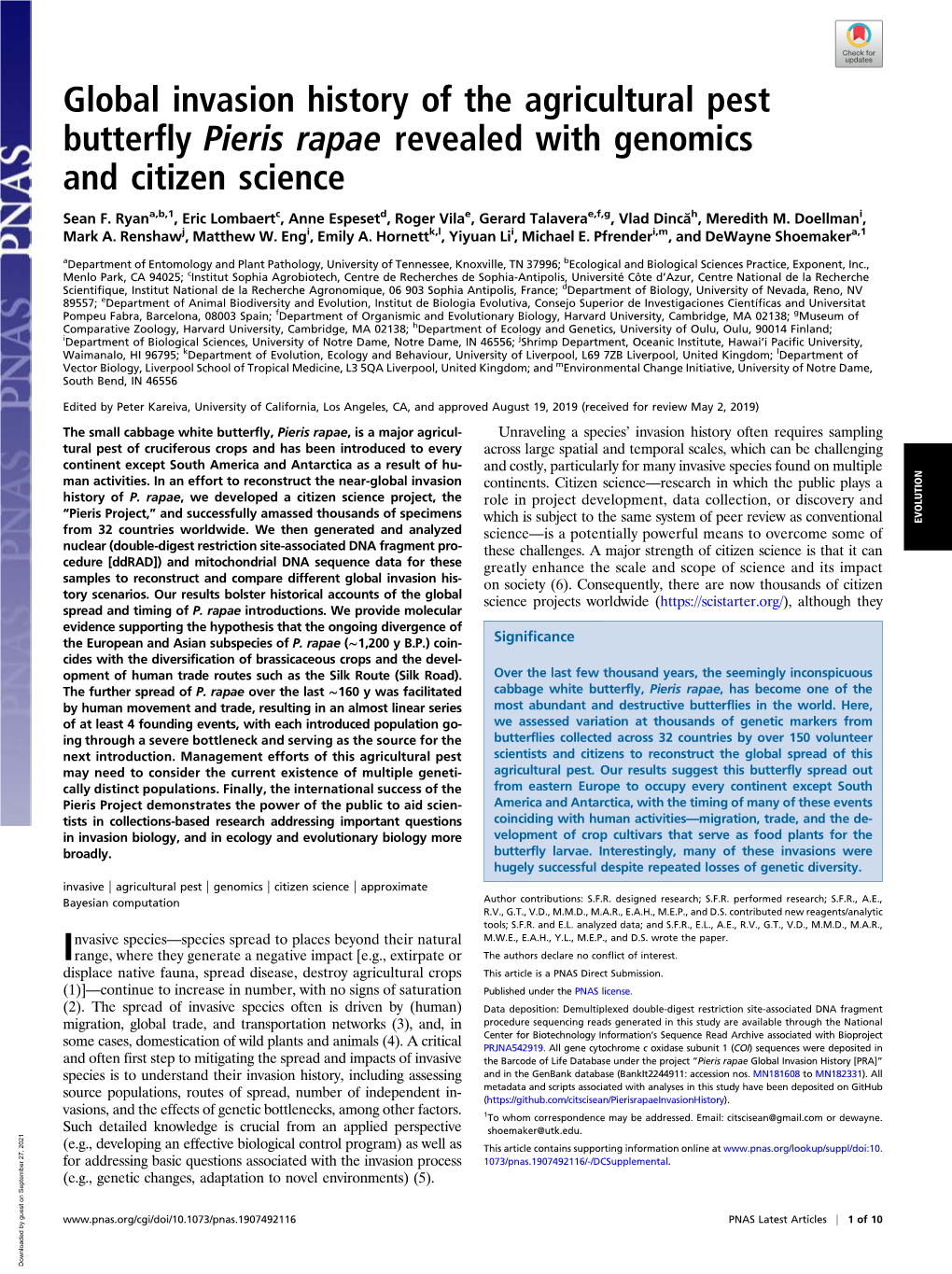 Global Invasion History of the Agricultural Pest Butterfly Pieris Rapae Revealed with Genomics and Citizen Science