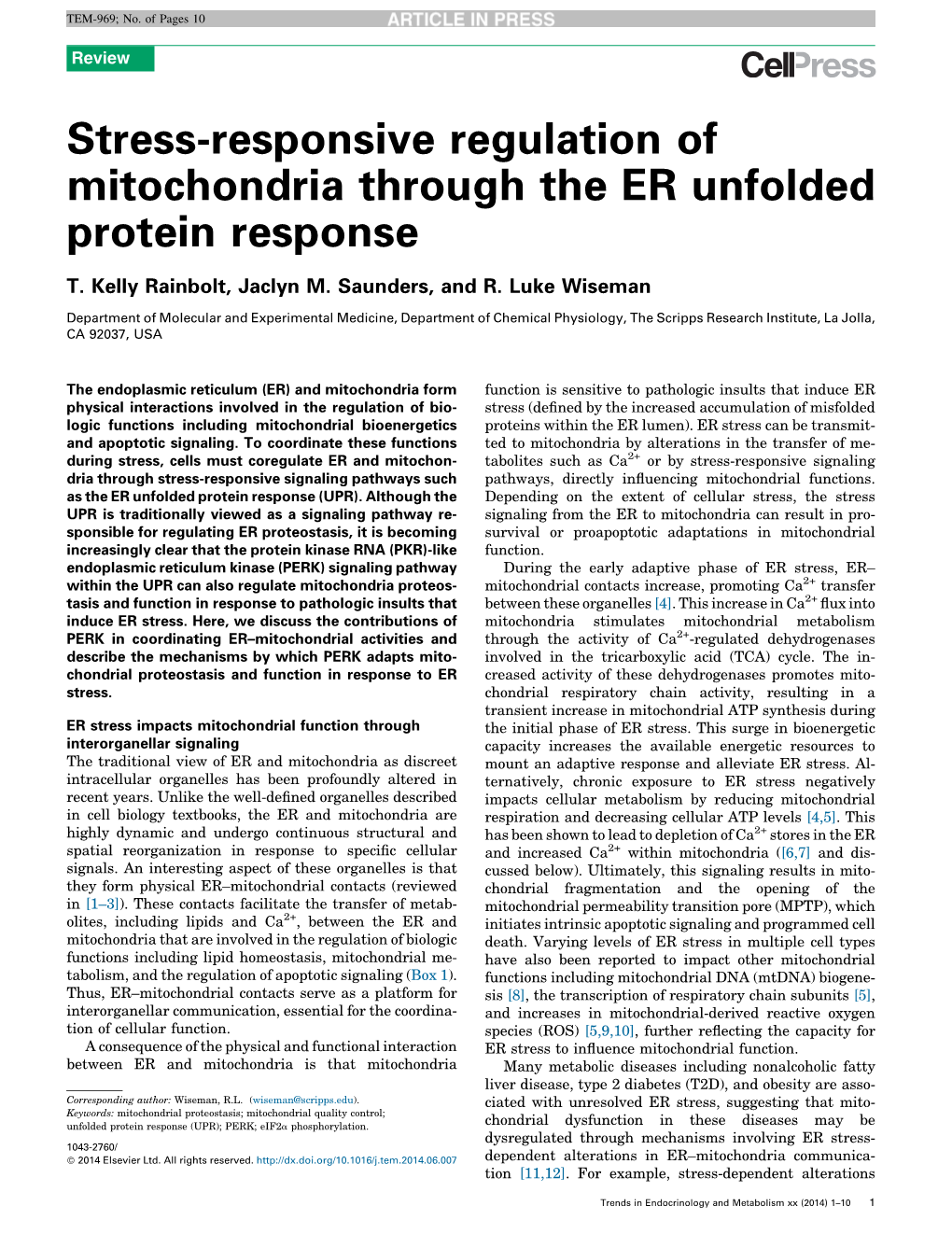 Stress-Responsive Regulation of Mitochondria Through the ER