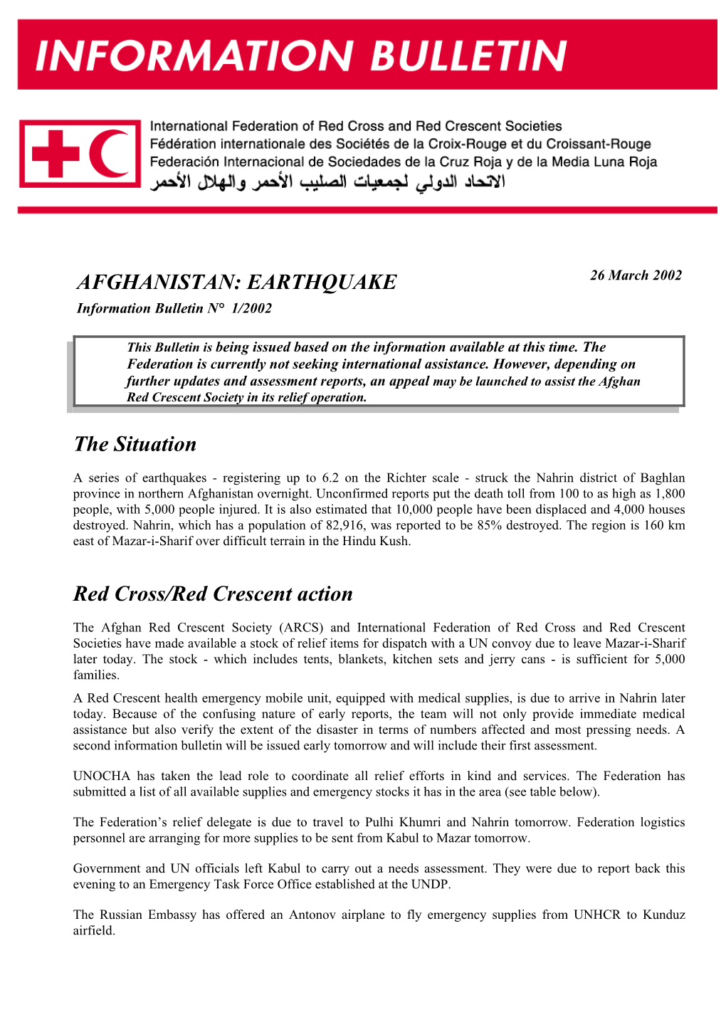 Afghanistan Earthquake Information Bulletin No.1