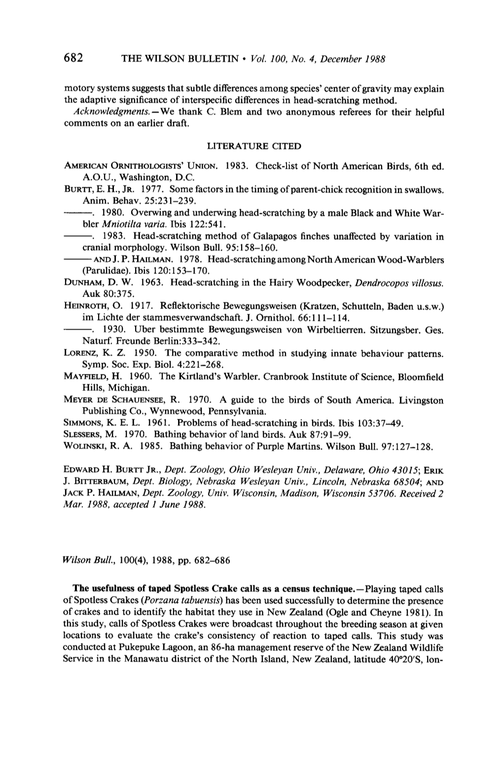 The Usefulness of Taped Spotless Crake Calls As a Census Technique