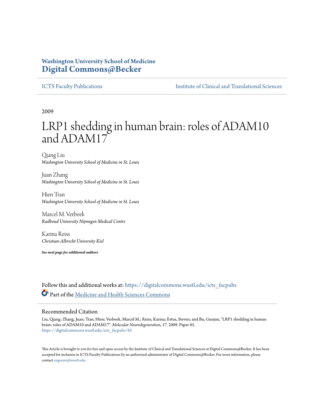 LRP1 Shedding in Human Brain: Roles of ADAM10 and ADAM17 Qiang Liu Washington University School of Medicine in St