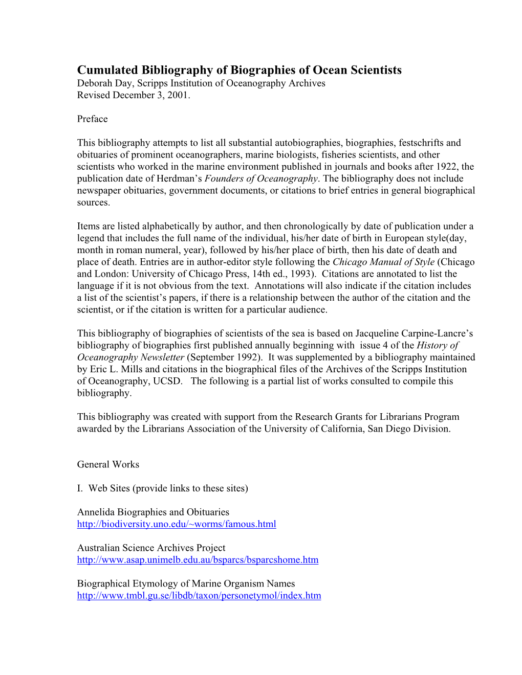 Cumulated Bibliography of Biographies of Ocean Scientists Deborah Day, Scripps Institution of Oceanography Archives Revised December 3, 2001