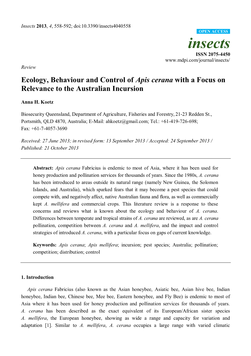 Ecology, Behaviour and Control of Apis Cerana with a Focus on Relevance to the Australian Incursion