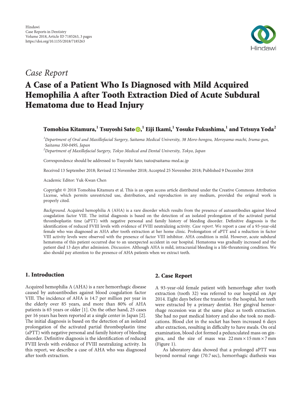 Case Report a Case of a Patient Who Is Diagnosed with Mild Acquired Hemophilia a After Tooth Extraction Died of Acute Subdural Hematoma Due to Head Injury