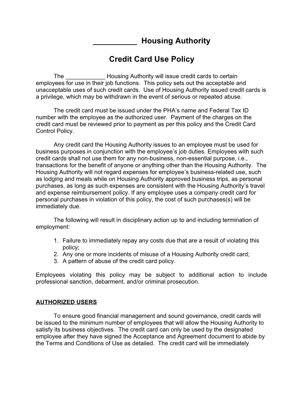 Credit Card Use Policy