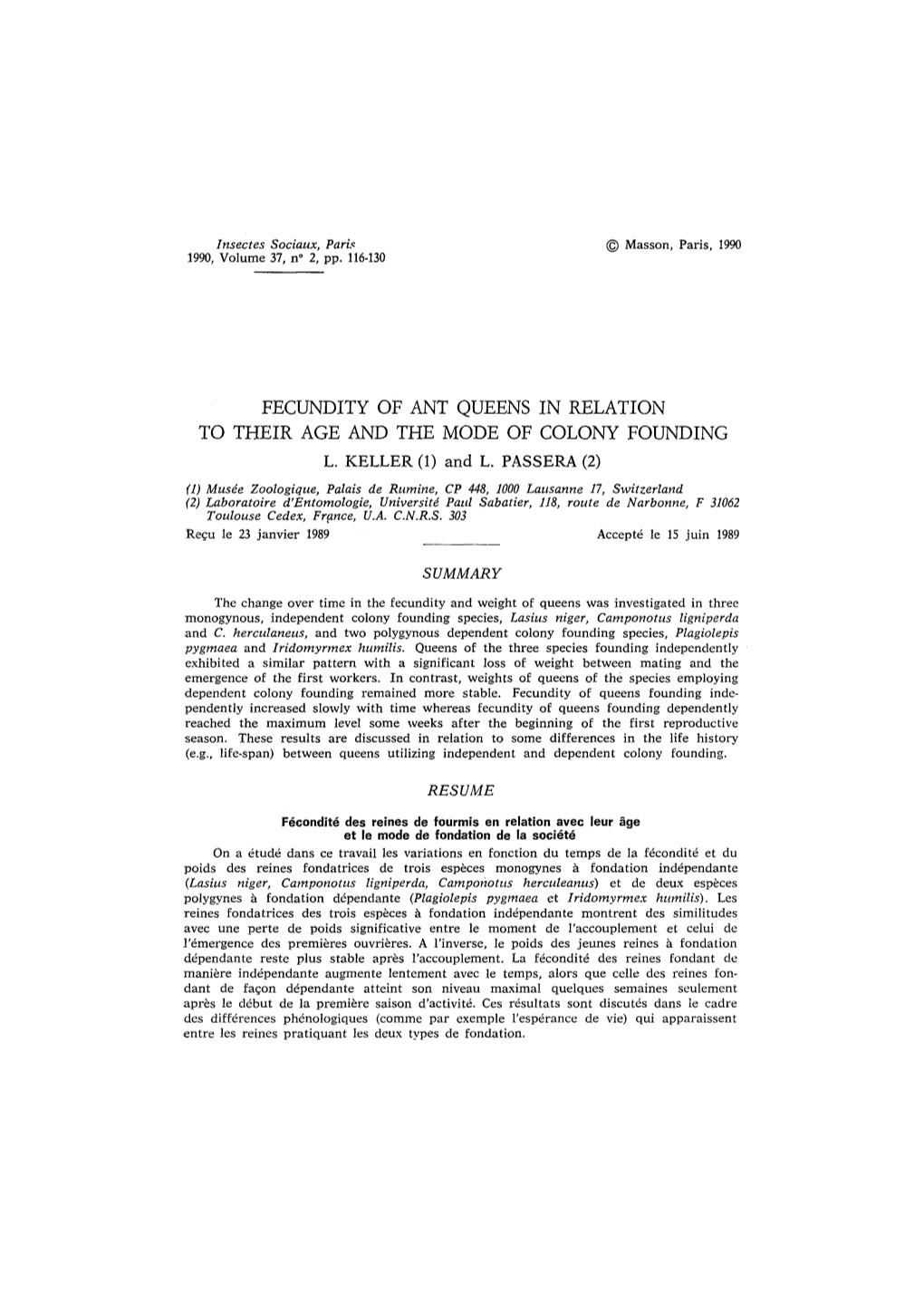 Fecundity of Ant Queens in Relation to Their Age and the Mode of Colony Founding L