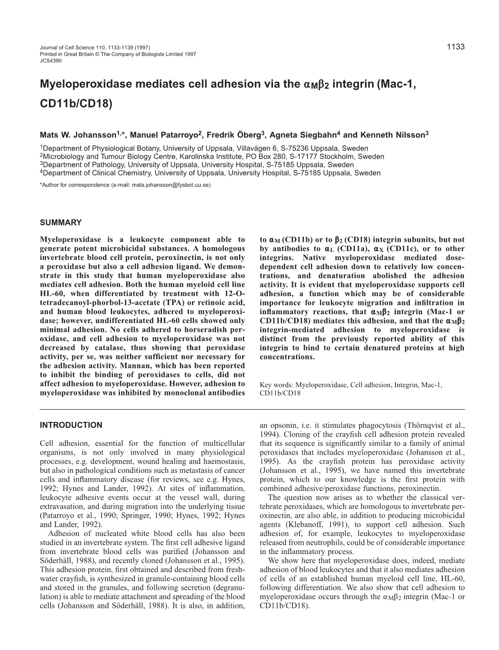 Myeloperoxidase Mediates Cell Adhesion Via the Αmβ2 Integrin (Mac-1, Cd11b/CD18)