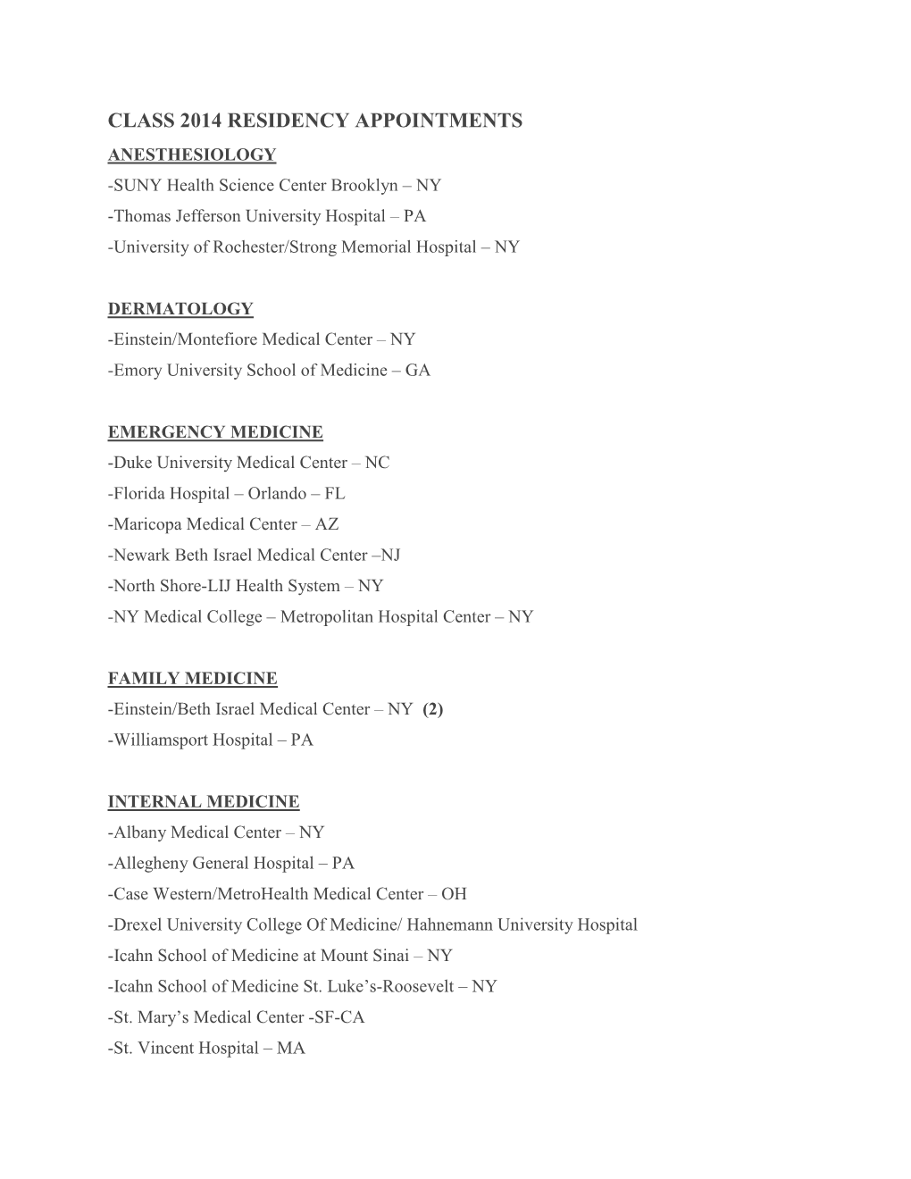 Class 2014 Residency Appointments