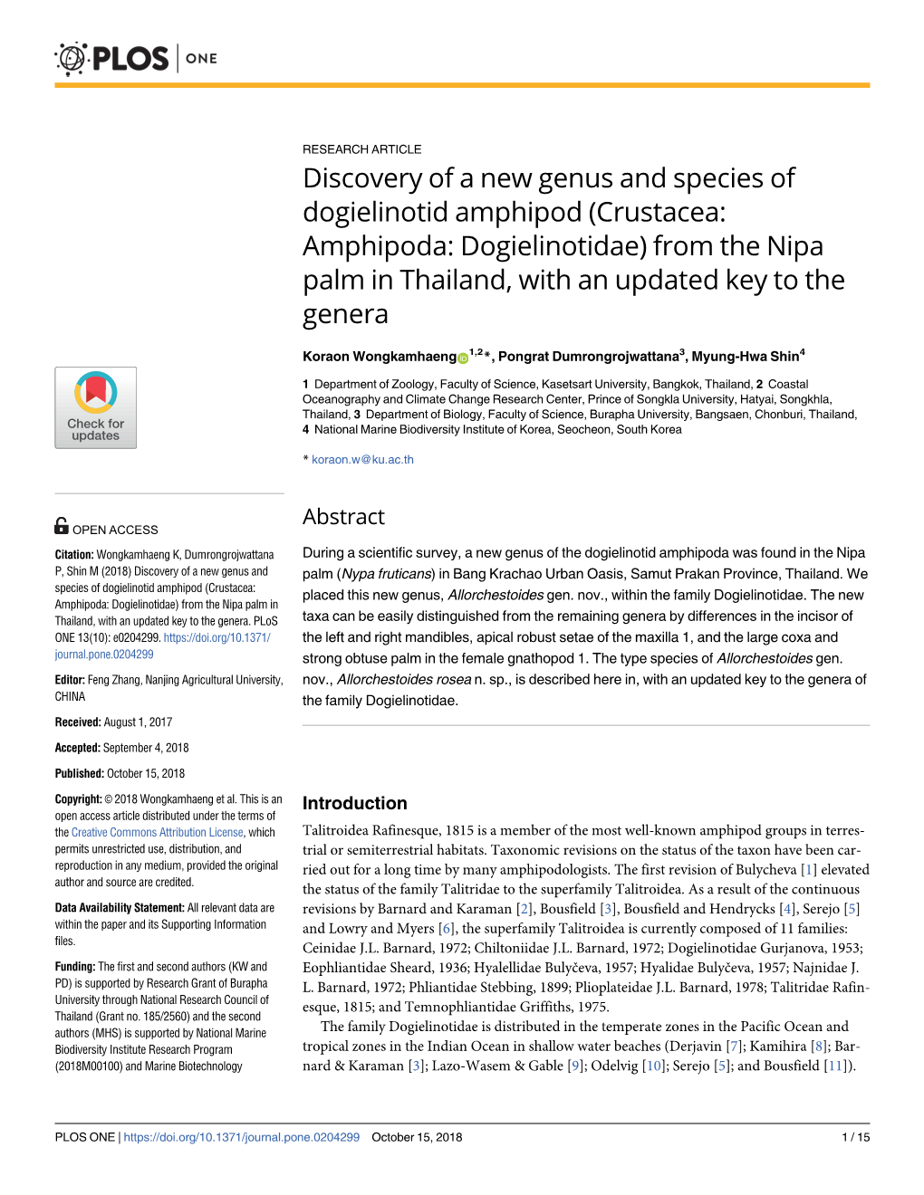 Crustacea: Amphipoda: Dogielinotidae) from the Nipa Palm in Thailand, with an Updated Key to the Genera