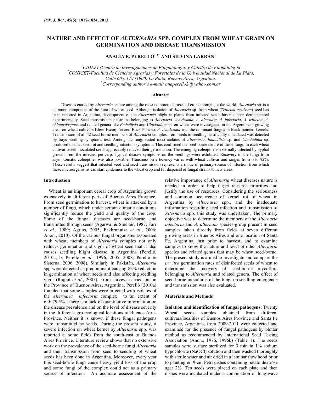 Nature and Effect of Alternaria Spp. Complex from Wheat Grain on Germination and Disease Transmission