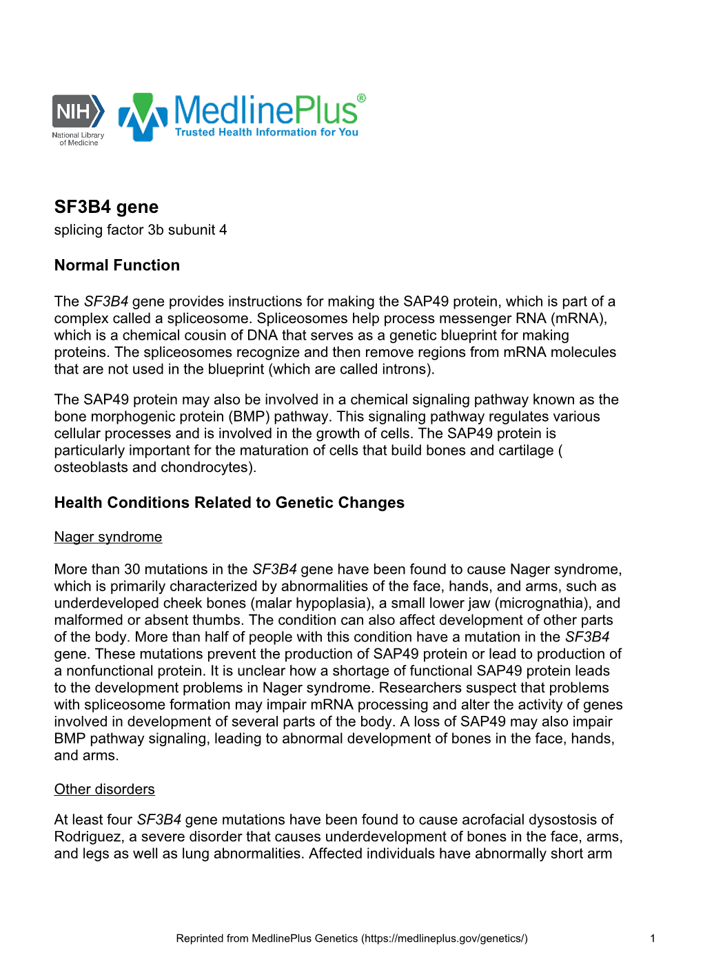 SF3B4 Gene Splicing Factor 3B Subunit 4