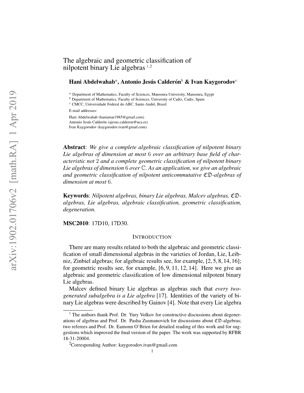 Arxiv:1902.01706V2 [Math.RA] 1 Apr 2019 O Emti Eut E,Freape 6 ,1,1,1] He N Dimensional 14]