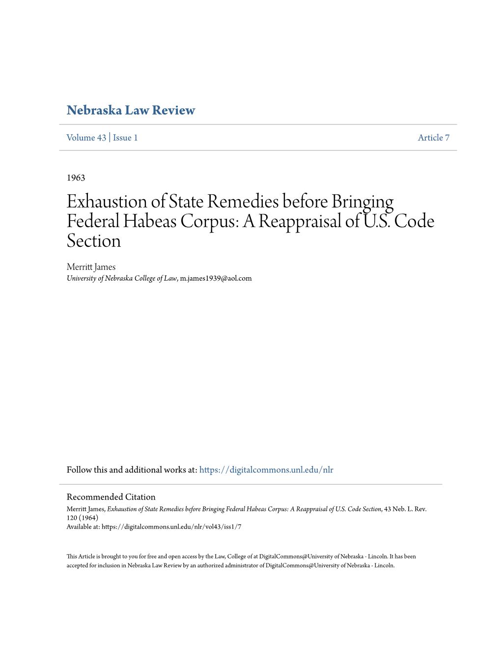 Exhaustion of State Remedies Before Bringing Federal Habeas Corpus: a Reappraisal of U.S. Code Section