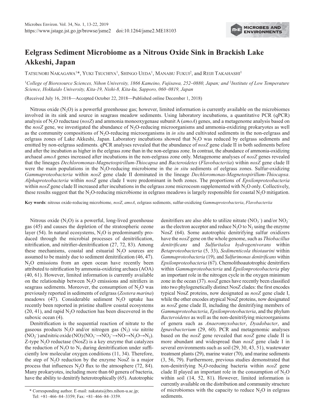 Eelgrass Sediment Microbiome As a Nitrous Oxide Sink in Brackish Lake Akkeshi, Japan