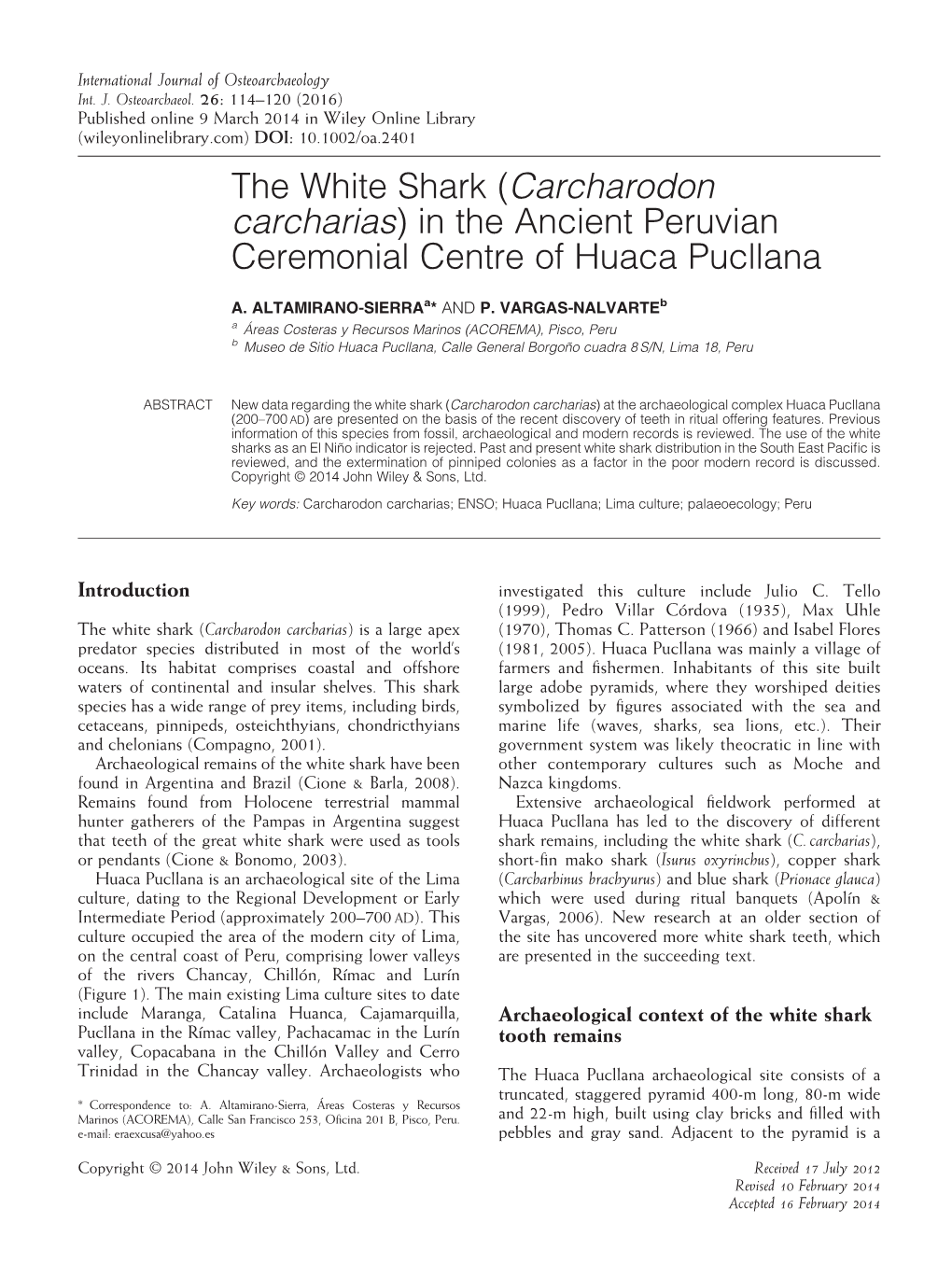 The White Shark (Carcharodon Carcharias) in the Ancient Peruvian Ceremonial Centre of Huaca Pucllana