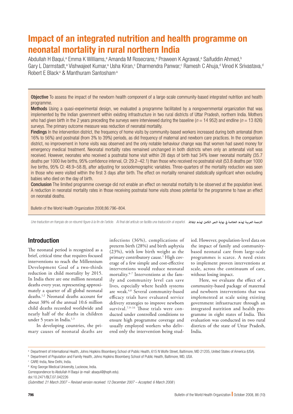 Impact of an Integrated Nutrition and Health Programme on Neonatal