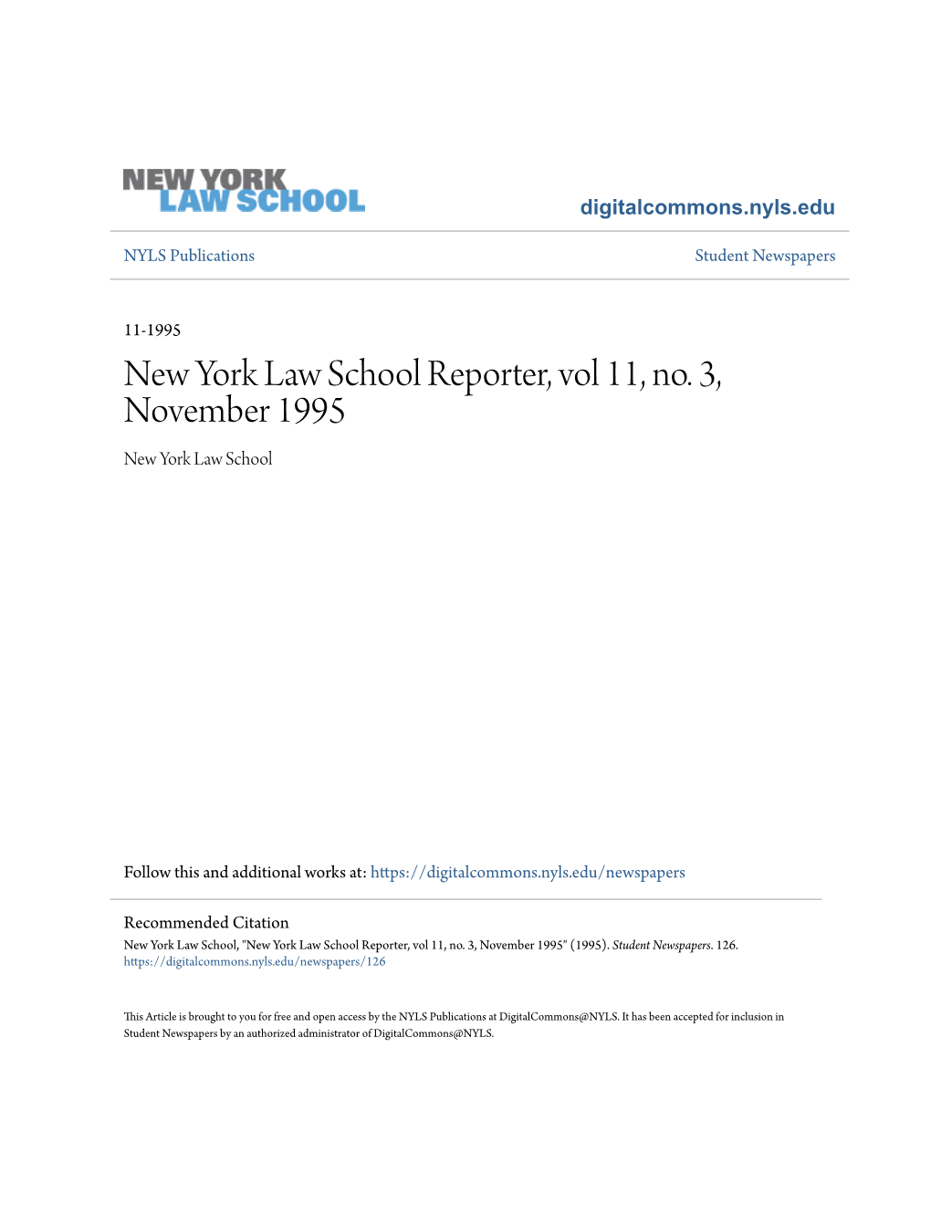 New York Law School Reporter, Vol 11, No. 3, November 1995 New York Law School
