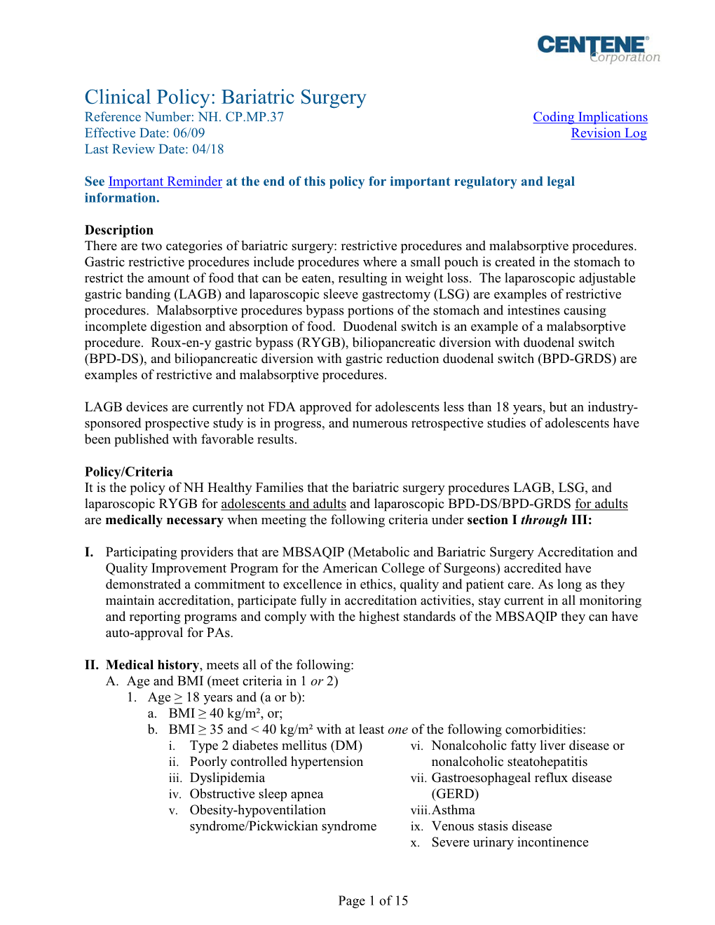 Clinical Policy: Bariatric Surgery Reference Number: NH