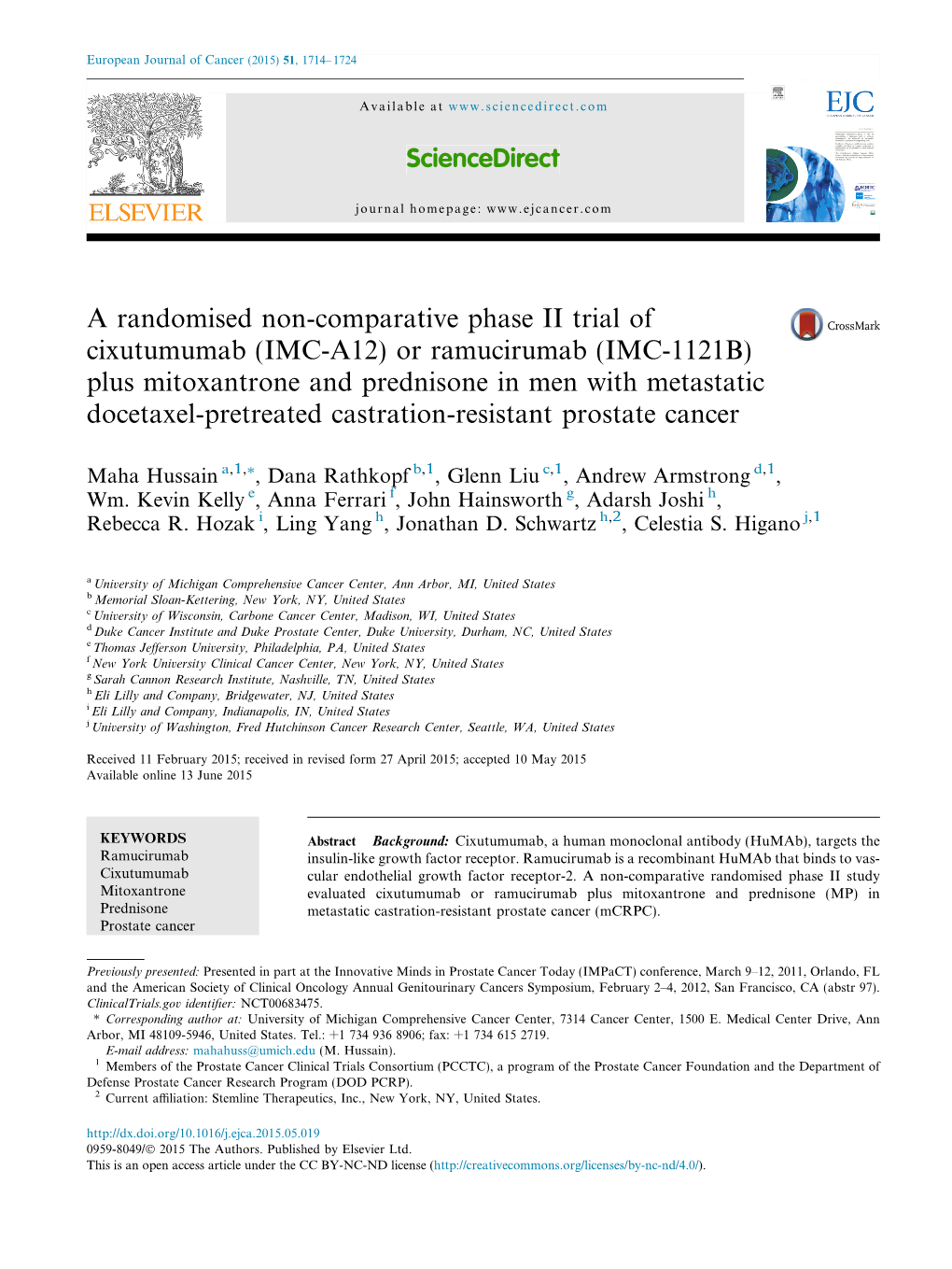 Or Ramucirumab (IMC-1121B) Plus Mitoxantrone and Prednisone in Men with Metastatic Docetaxel-Pretreated Castration-Resistant Prostate Cancer