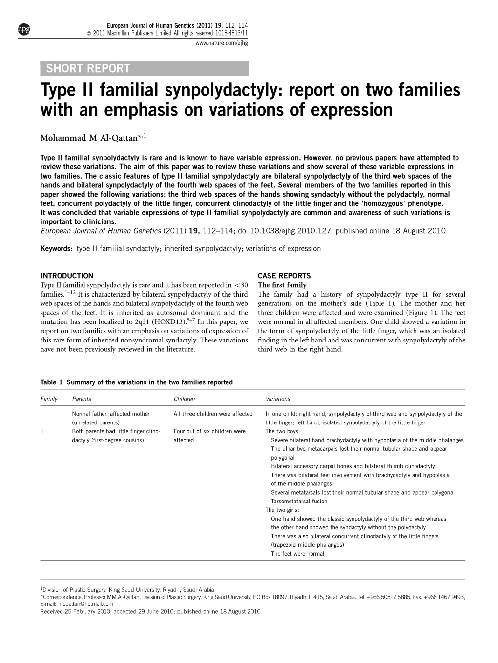 Type II Familial Synpolydactyly: Report on Two Families with an Emphasis on Variations of Expression