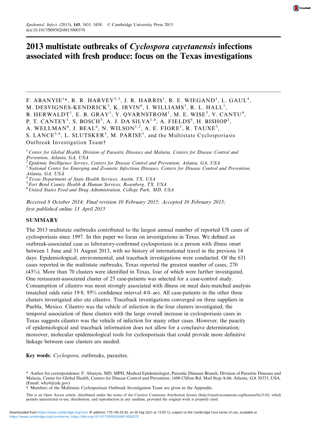 2013 Multistate Outbreaks of Cyclospora Cayetanensis Infections Associated with Fresh Produce: Focus on the Texas Investigations