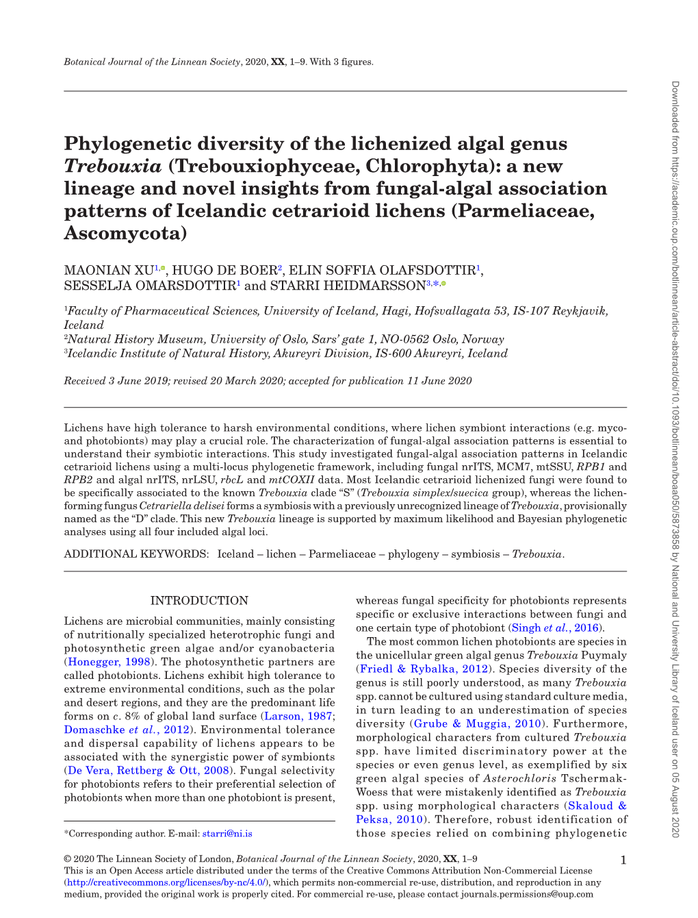 Phylogenetic Diversity of the Lichenized Algal Genus Trebouxia (Trebouxiophyceae, Chlorophyta): a New Lineage and Novel Insights