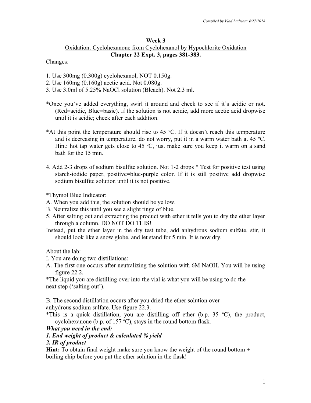 Oxidation: Cyclohexanone from Cyclohexanol by Hypochlorite Oxidation