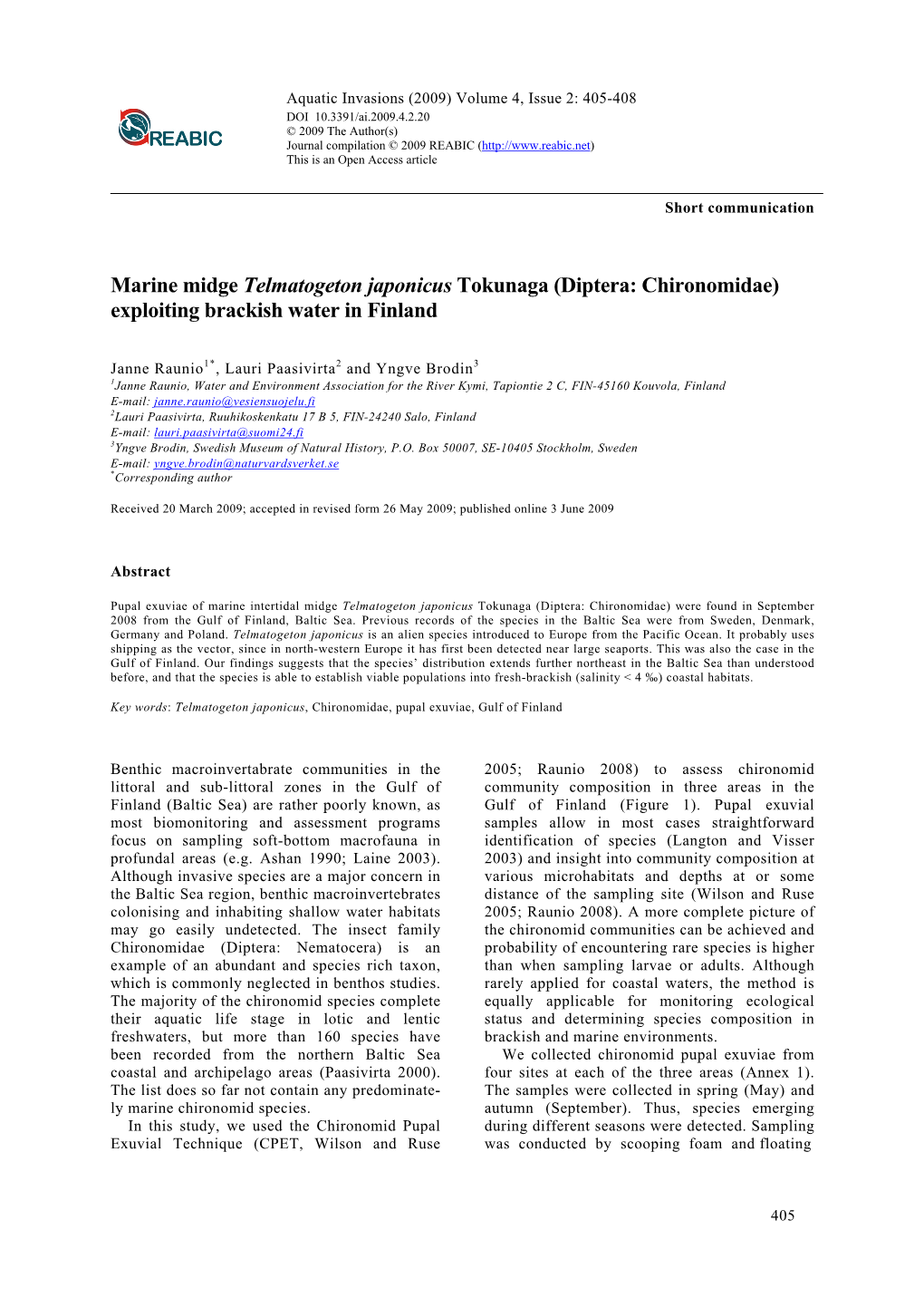 Marine Midge Telmatogeton Japonicus Tokunaga (Diptera: Chironomidae) Exploiting Brackish Water in Finland