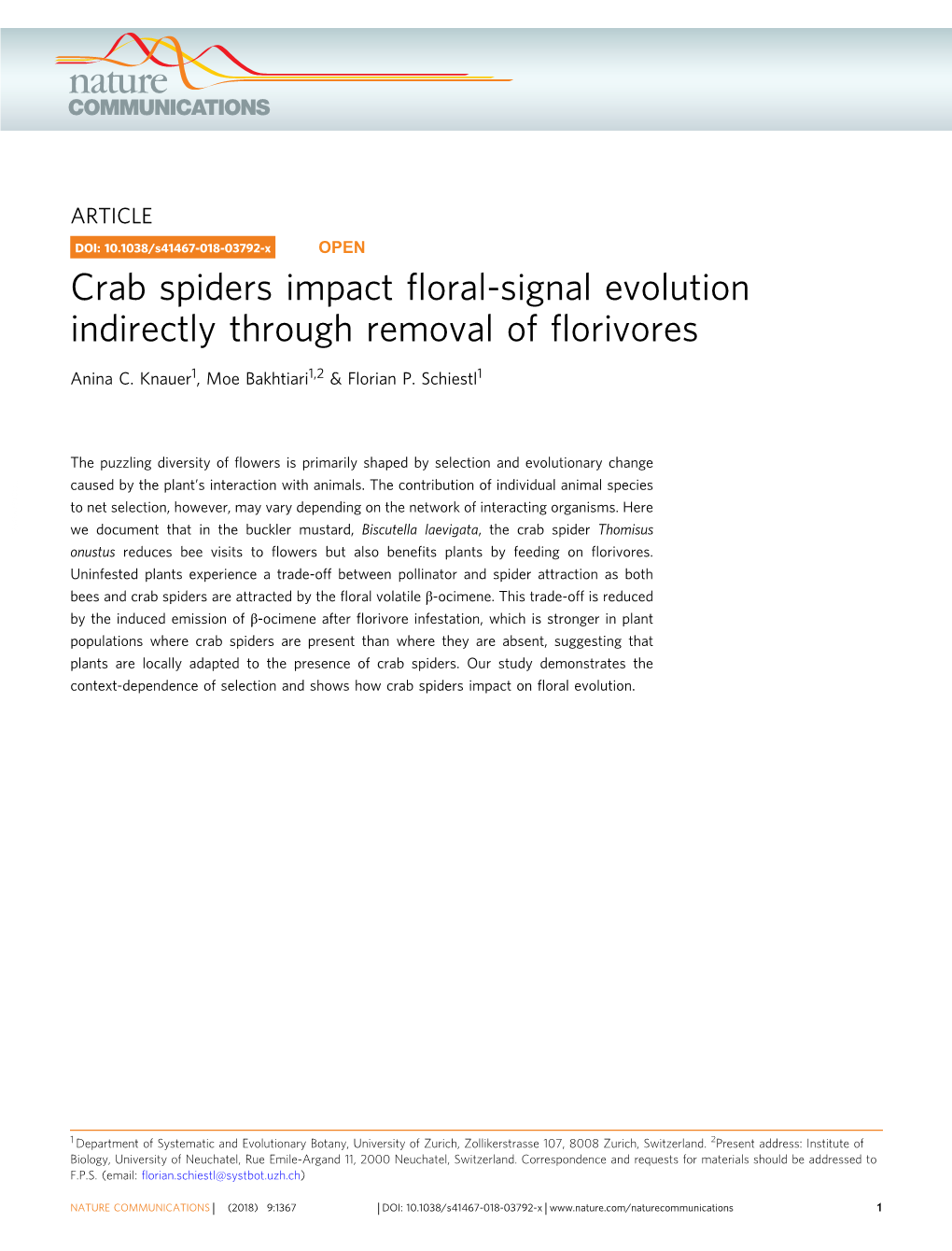 Crab Spiders Impact Floral-Signal Evolution Indirectly Through Removal