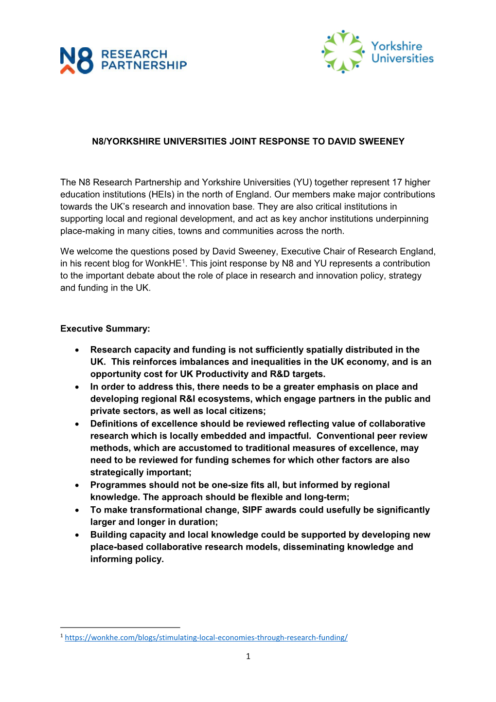 1 N8/Yorkshire Universities Joint Response to David