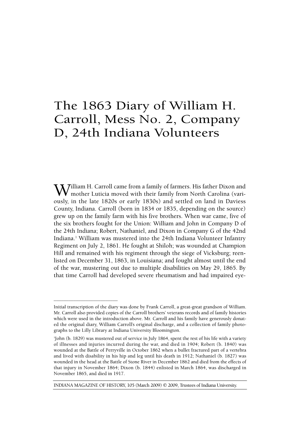 The 1863 Diary of William H. Carroll, Mess No. 2, Company D, 24Th Indiana Volunteers