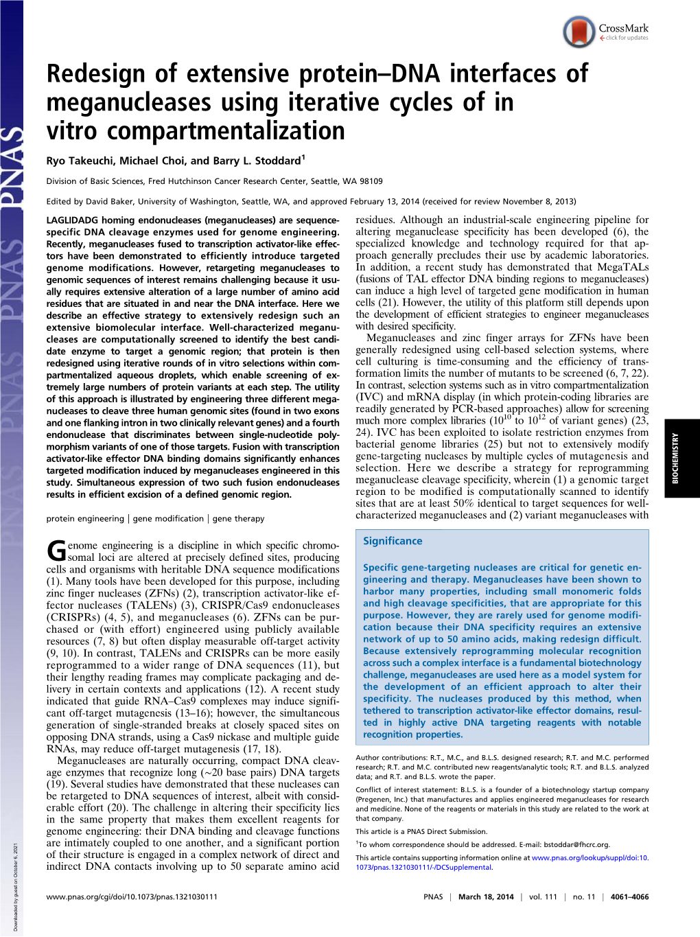 Redesign of Extensive Protein–DNA Interfaces of Meganucleases Using Iterative Cycles of in Vitro Compartmentalization