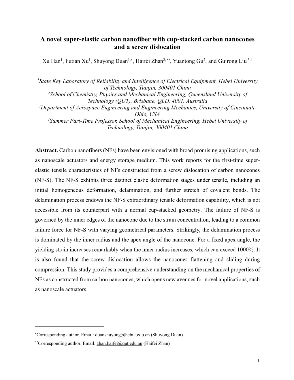 A Novel Super-Elastic Carbon Nanofiber with Cup-Stacked Carbon Nanocones and a Screw Dislocation