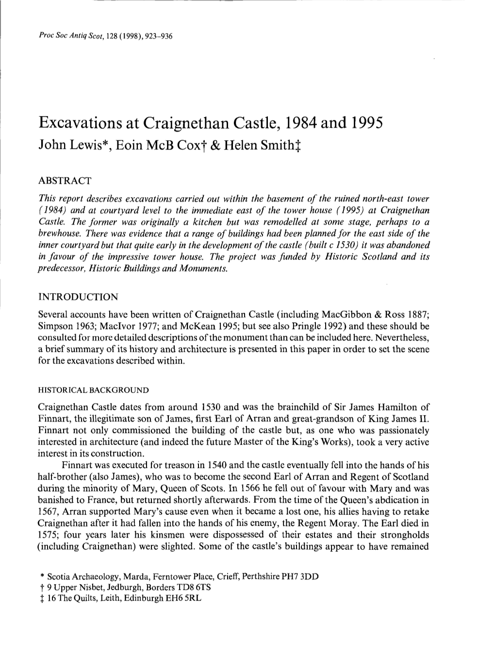 Excavations at Craignethan Castle, 1984 and 1995 John Lewis*, Eoin Mcb Cox| & Helen Smith}