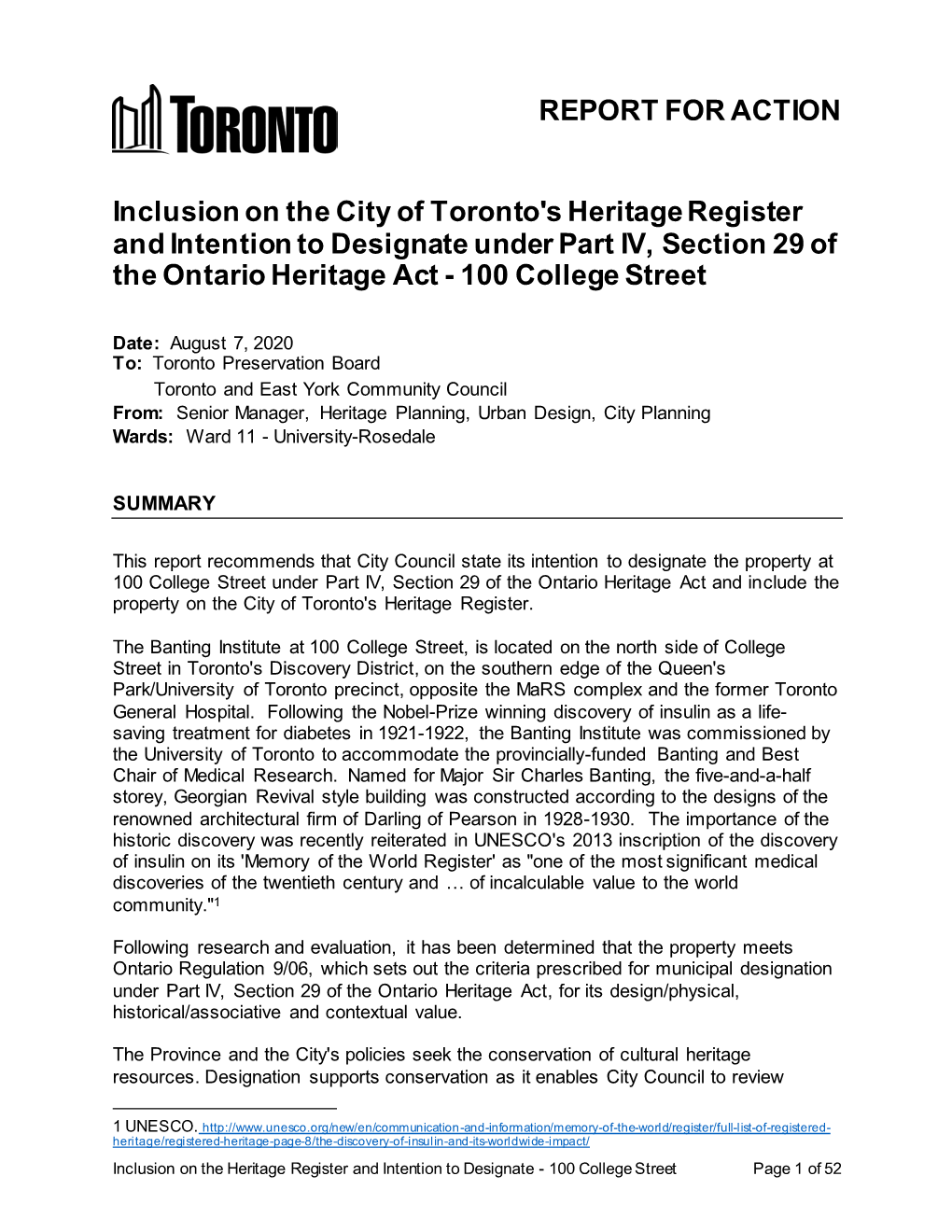 Inclusion on the City of Toronto's Heritage Register and Intention to Designate Under Part IV, Section 29 of the Ontario Heritage Act - 100 College Street