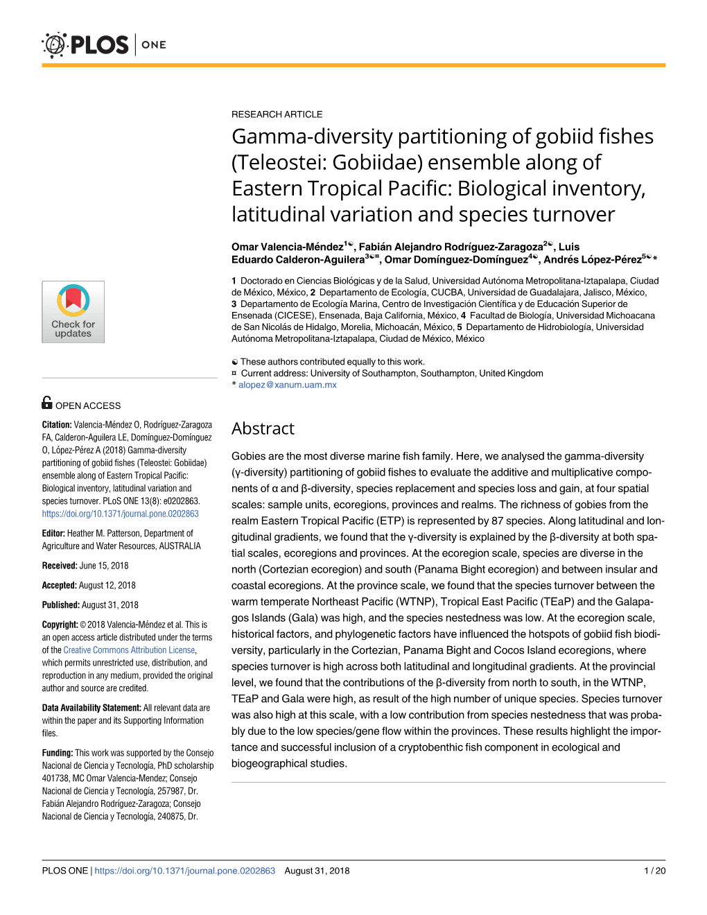 (Teleostei: Gobiidae) Ensemble Along of Eastern Tropical Pacific: Biological Inventory, Latitudinal Variation and Species Turnover